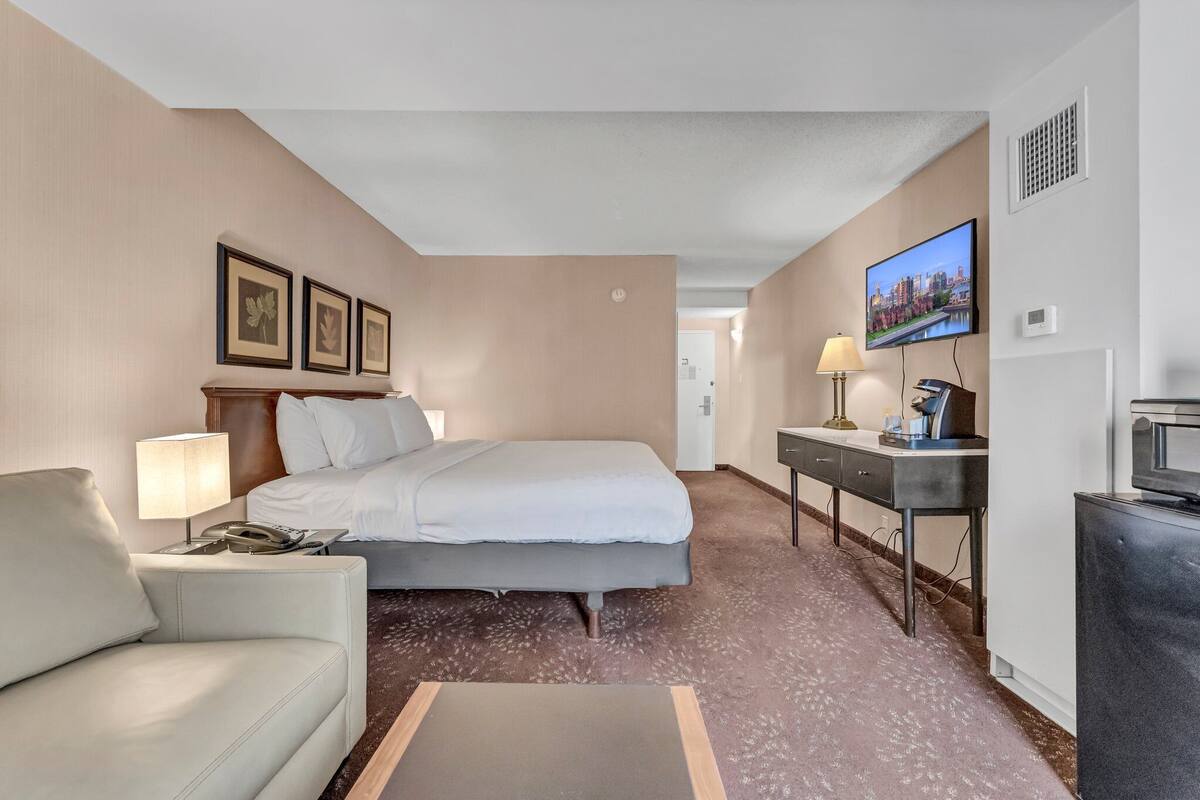 A hotel room with a bed, a desk, a television, and a couch.