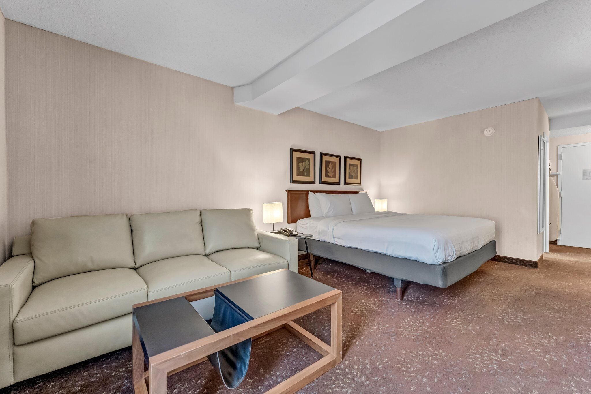 A hotel room with a sofa, a bed, a nightstand, and a table.