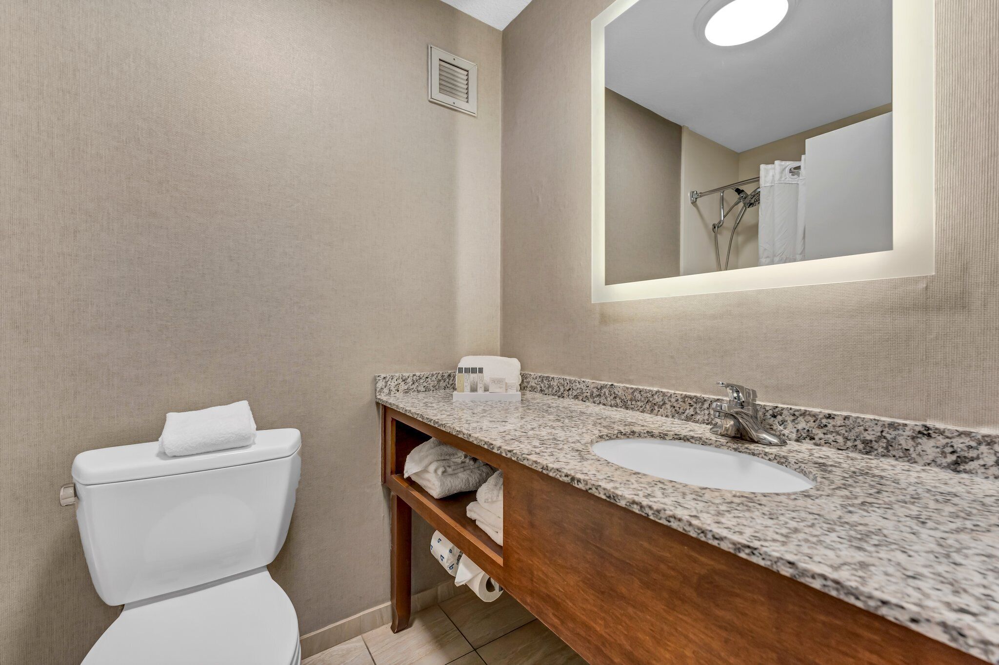 combined shower/bathtub, free toiletries, hair dryer, towels