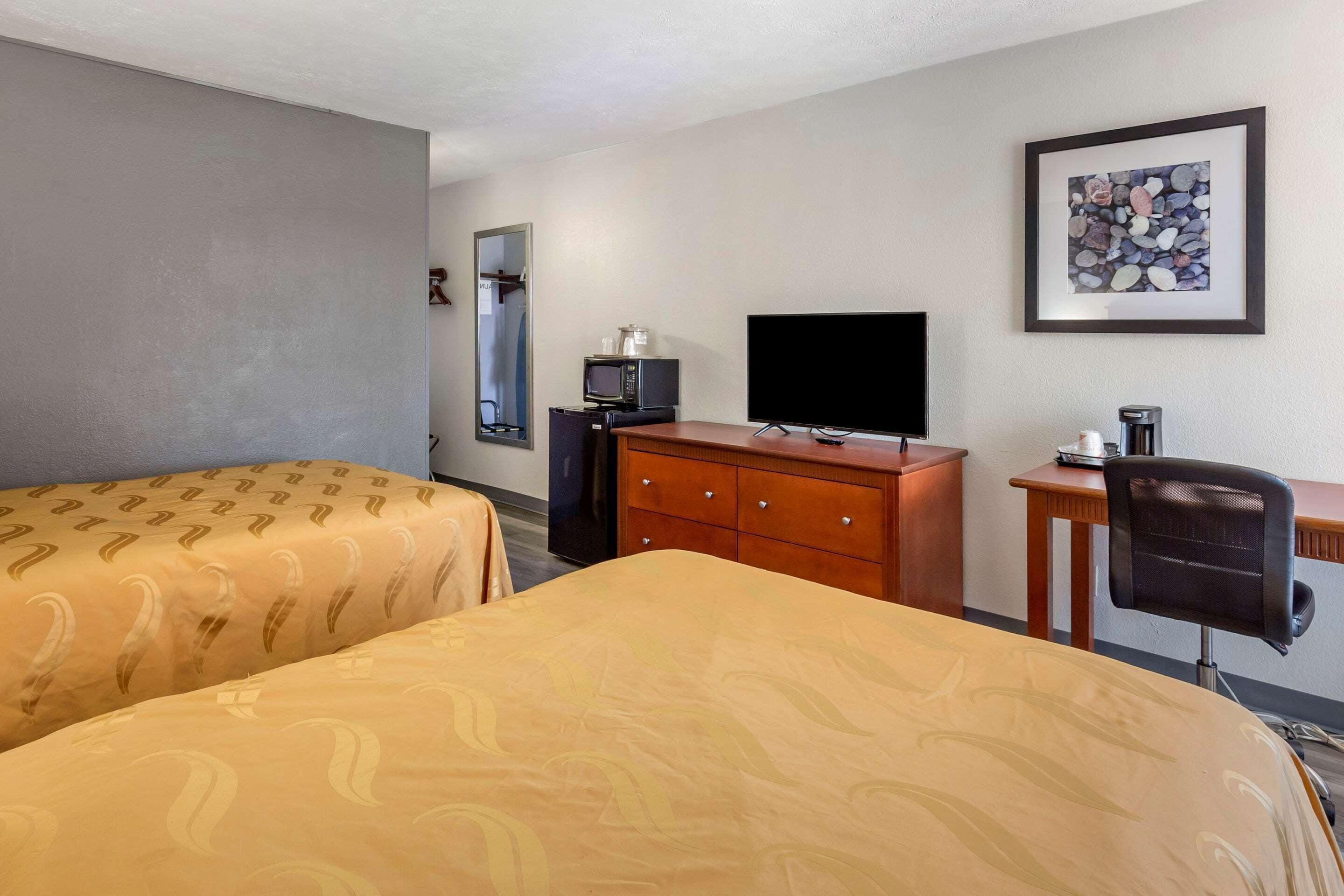 A hotel room with two beds, a desk, a chair, a television, a dresser, a microwave, and a framed picture on the wall.