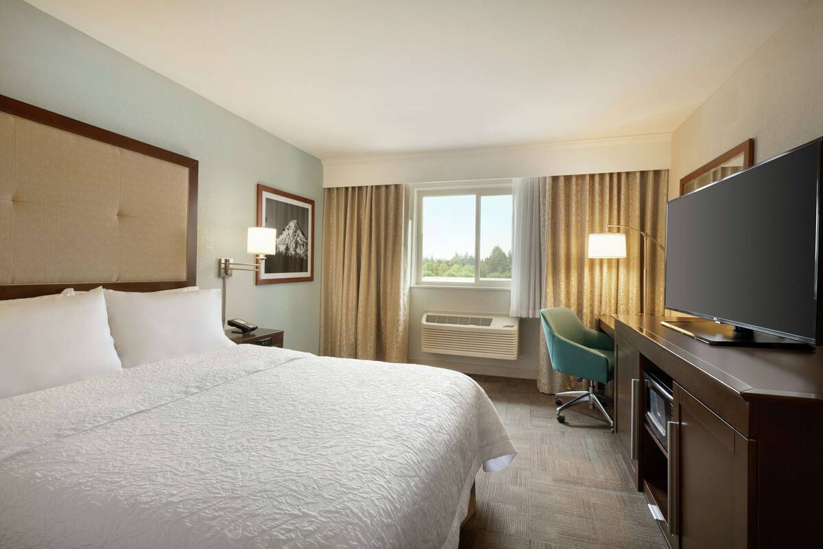 A hotel room with a large bed, a desk with a flat-screen TV, a chair, a desk lamp, and a window with curtains.