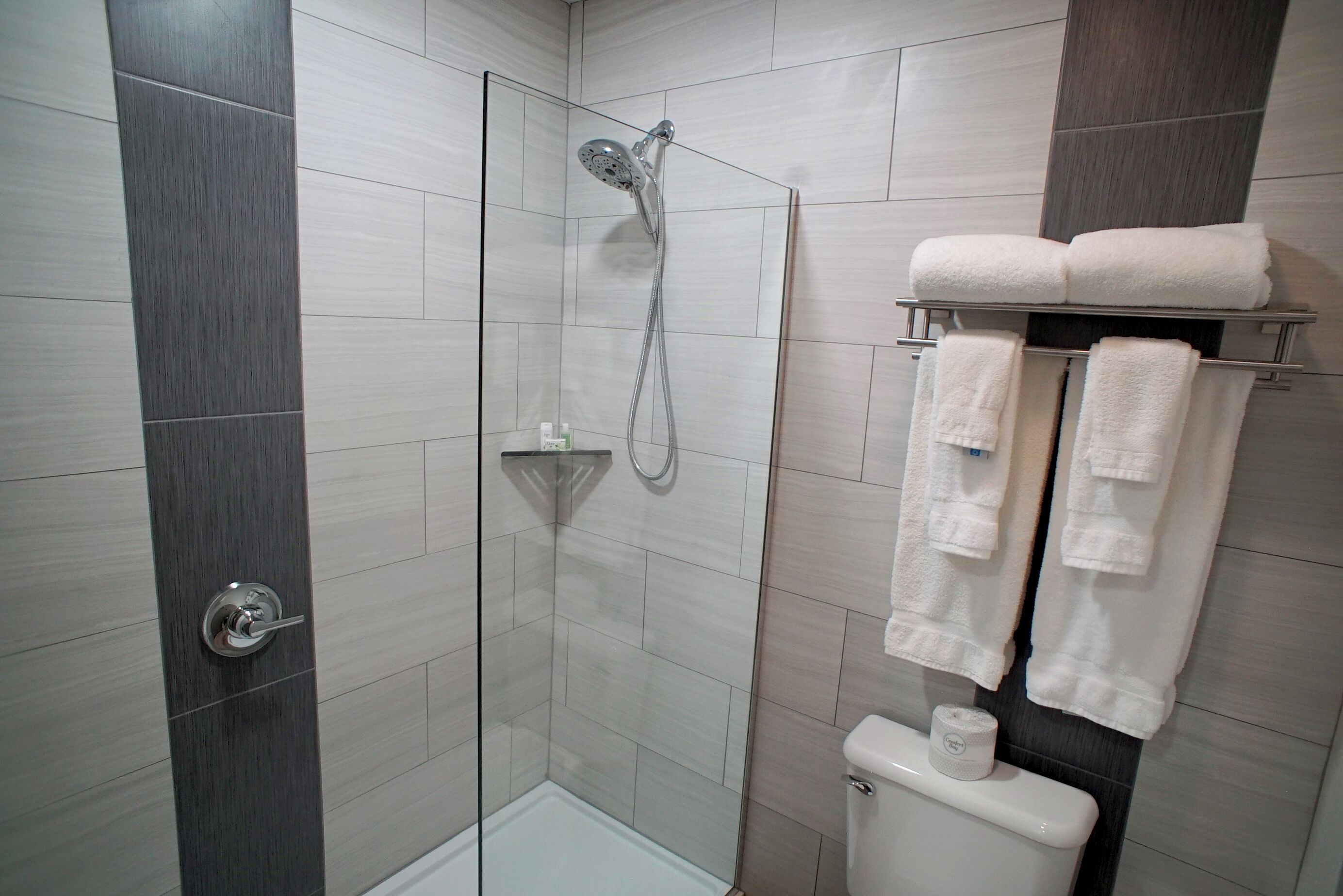 A modern bathroom with a glass-enclosed shower, a toilet, and a towel rack with towels.
