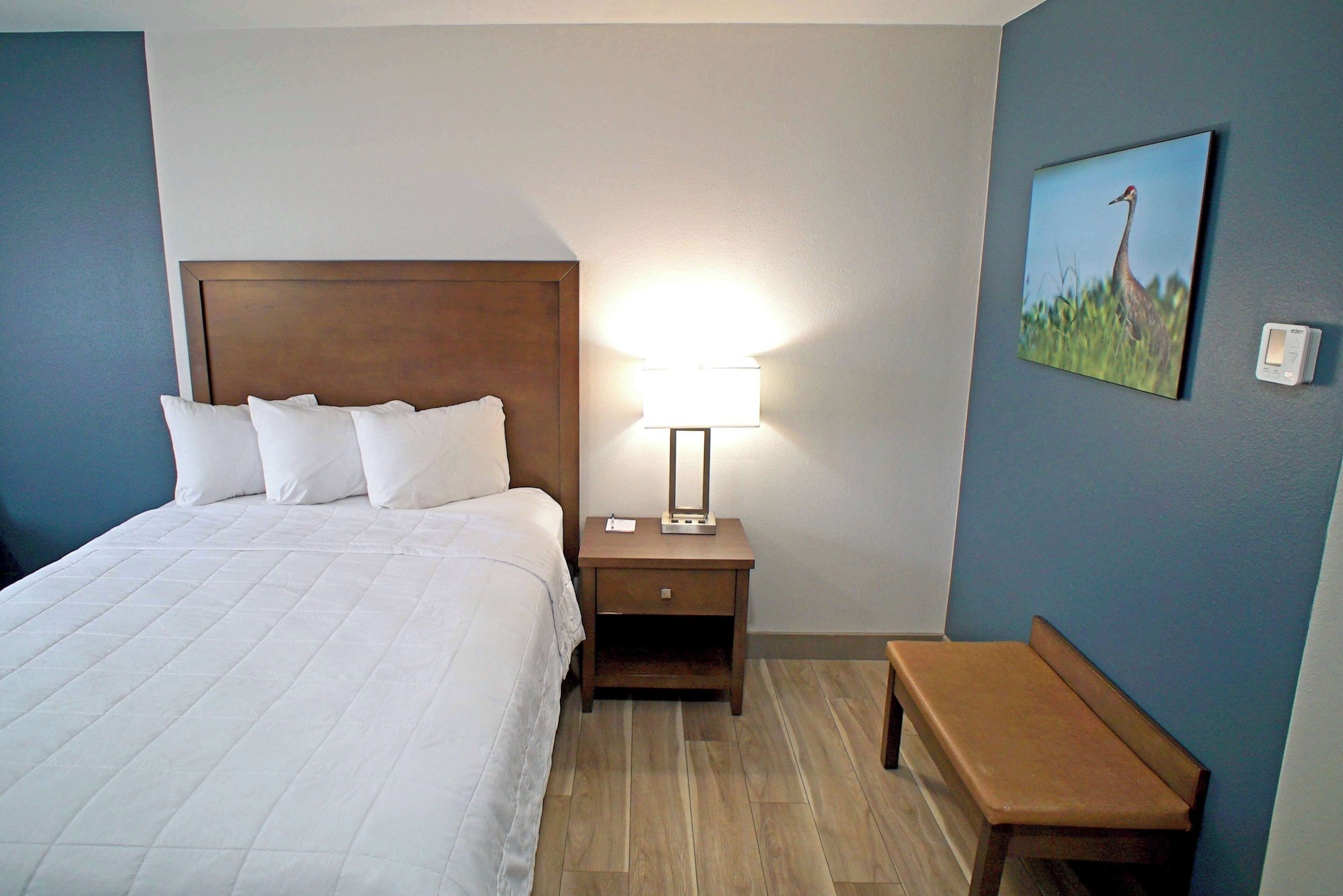 A hotel room with a bed, bedside table, lamp, bench, and a painting on the wall.