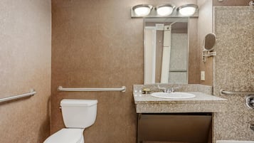 A bathroom with a toilet, sink, mirror, and shower.