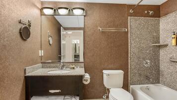 Une salle de bain avec un lavabo, des toilettes et une douche.