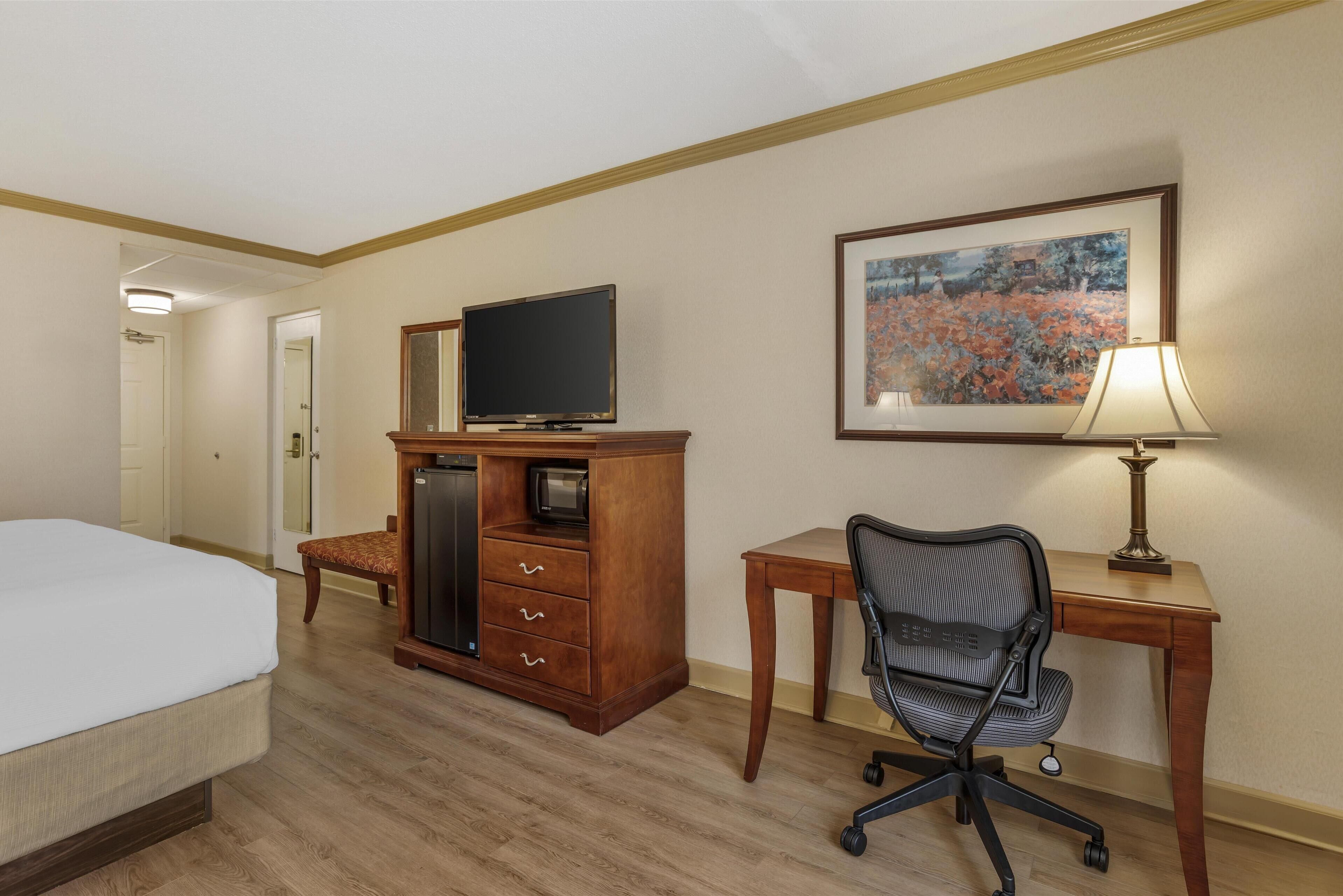 A hotel room with a bed, a wooden desk with a chair, a television, a desk lamp, a dresser, and a framed picture on the wall.