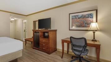 A hotel room with a bed, a wooden desk with a chair, a television, a desk lamp, a dresser, and a framed picture on the wall.