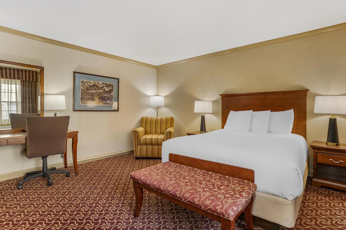 A hotel room with a large bed, a desk with a chair, a small armchair, a bench, and two bedside lamps.