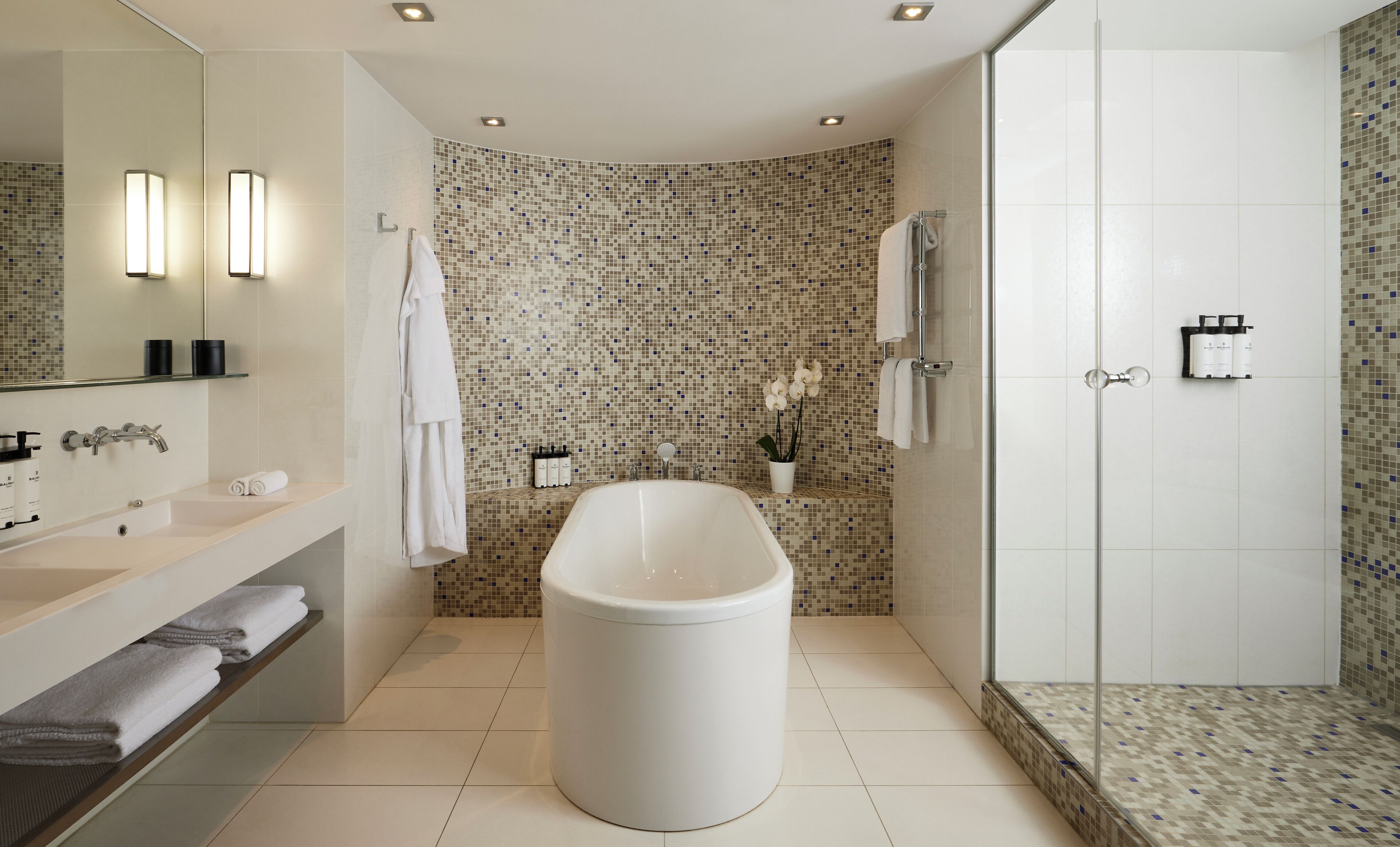 junior suite, 1 king bed (premium) | bathroom | shower, rainfall showerhead, designer toiletries, hair dryer