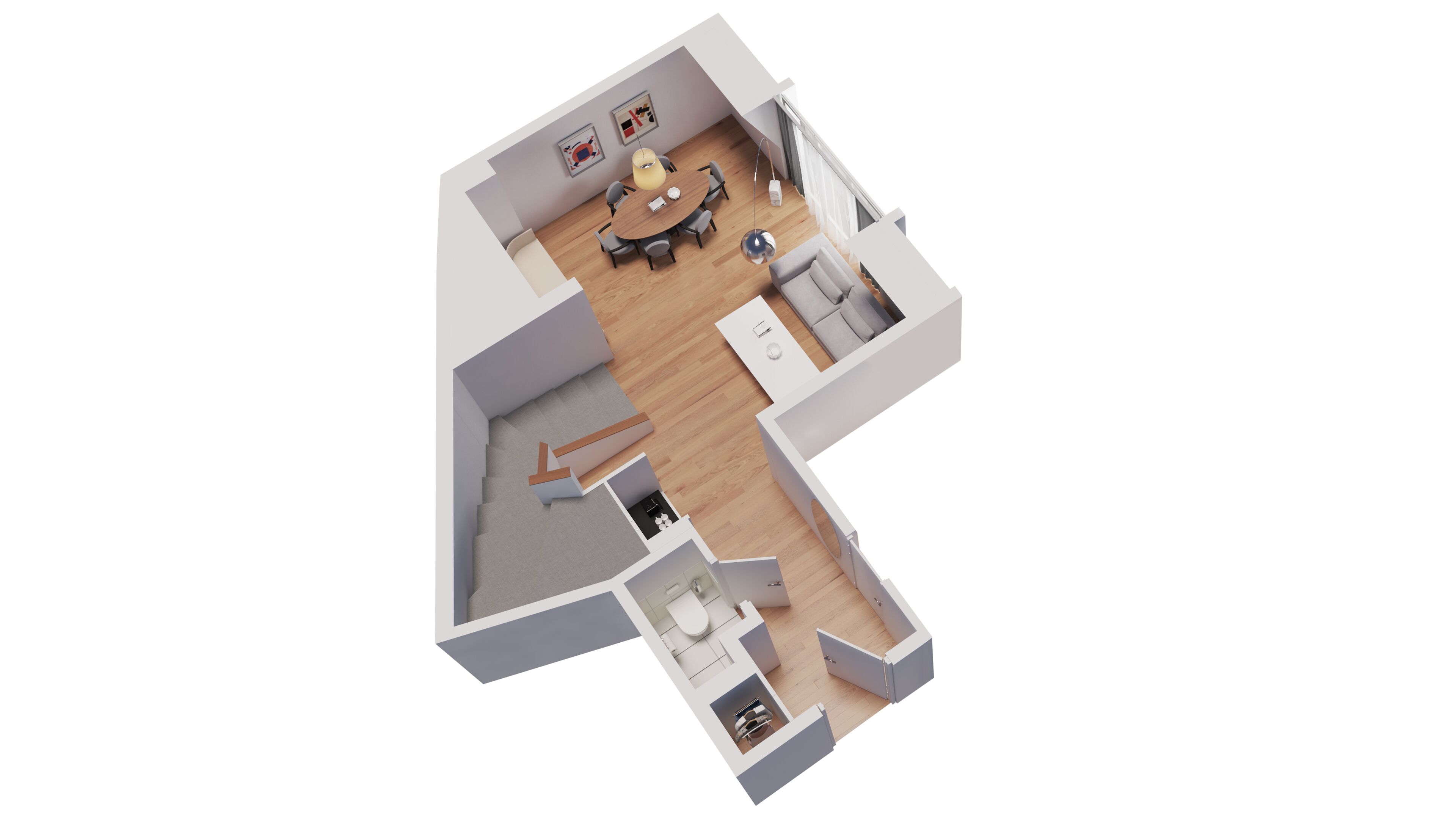 A 3D floor plan of a modern apartment with a living room, dining area, kitchen, and a small bathroom.