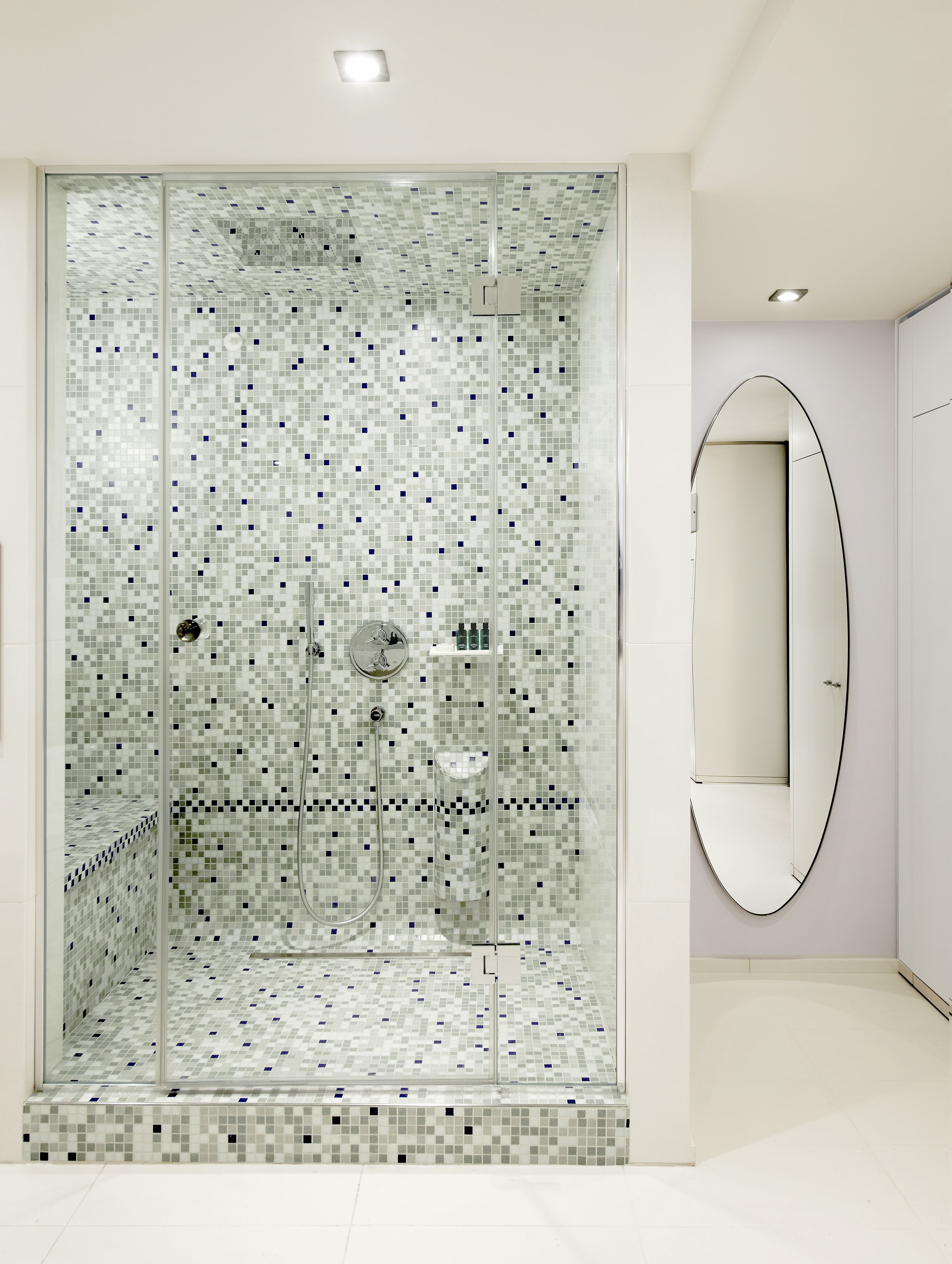 shower, rainfall showerhead, designer toiletries, hair dryer