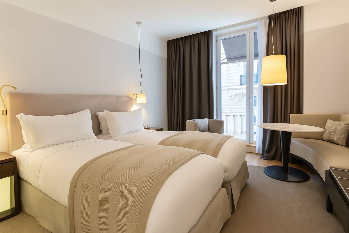 Habitación de hotel con dos camas, un sofá, una mesita y vistas al exterior.