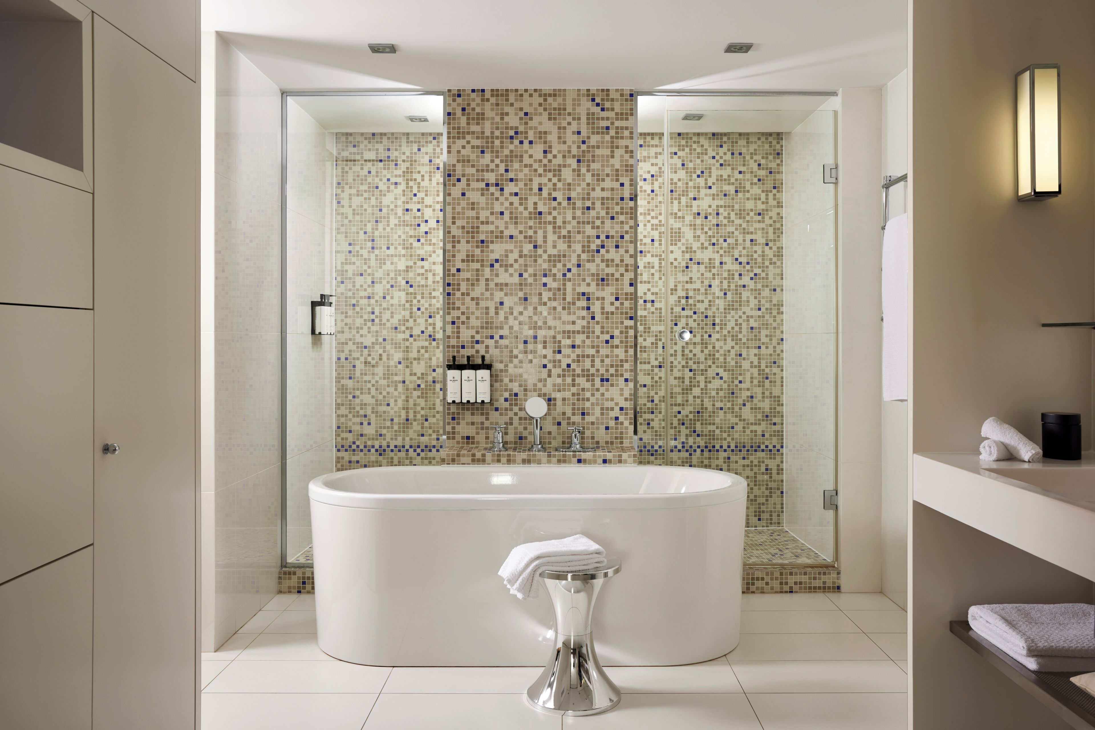 suite, 1 king bed with sofa bed (prestige) | bathroom | shower, rainfall showerhead, designer toiletries, hair dryer