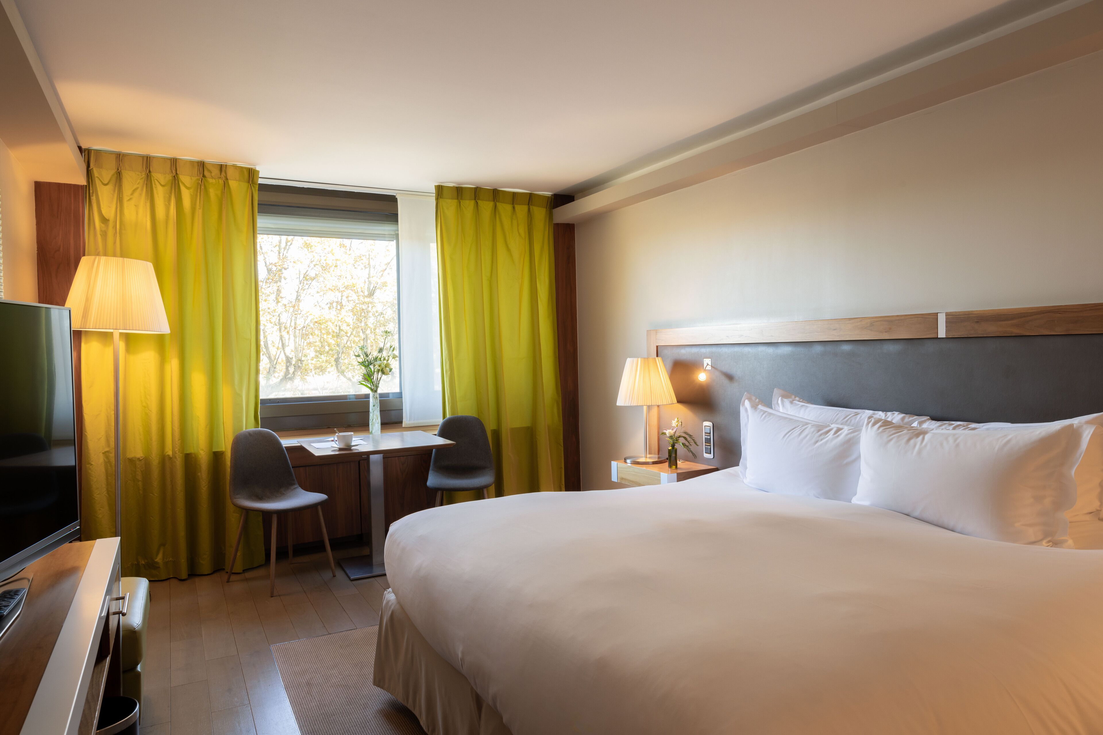 Habitación de hotel con una cama grande, un escritorio con dos sillas, un televisor y una ventana con cortinas.