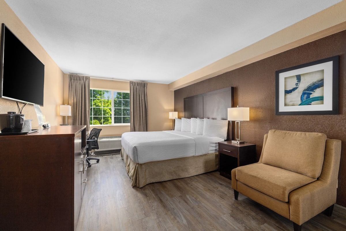 Ein Hotelzimmer mit einem großen Bett, einem Schreibtisch mit einem Flachbildfernseher, einem Sessel und einem gerahmten abstrakten Gemälde an der Wand.