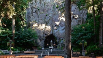Una estructura que recuerda a una cueva, con bancos y un pequeño escenario, rodeada de árboles.
