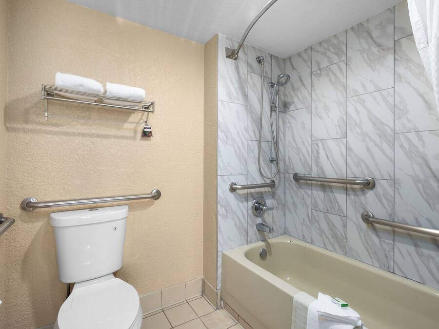 A bathroom with a toilet, a shower with grab bars, and a bathtub.