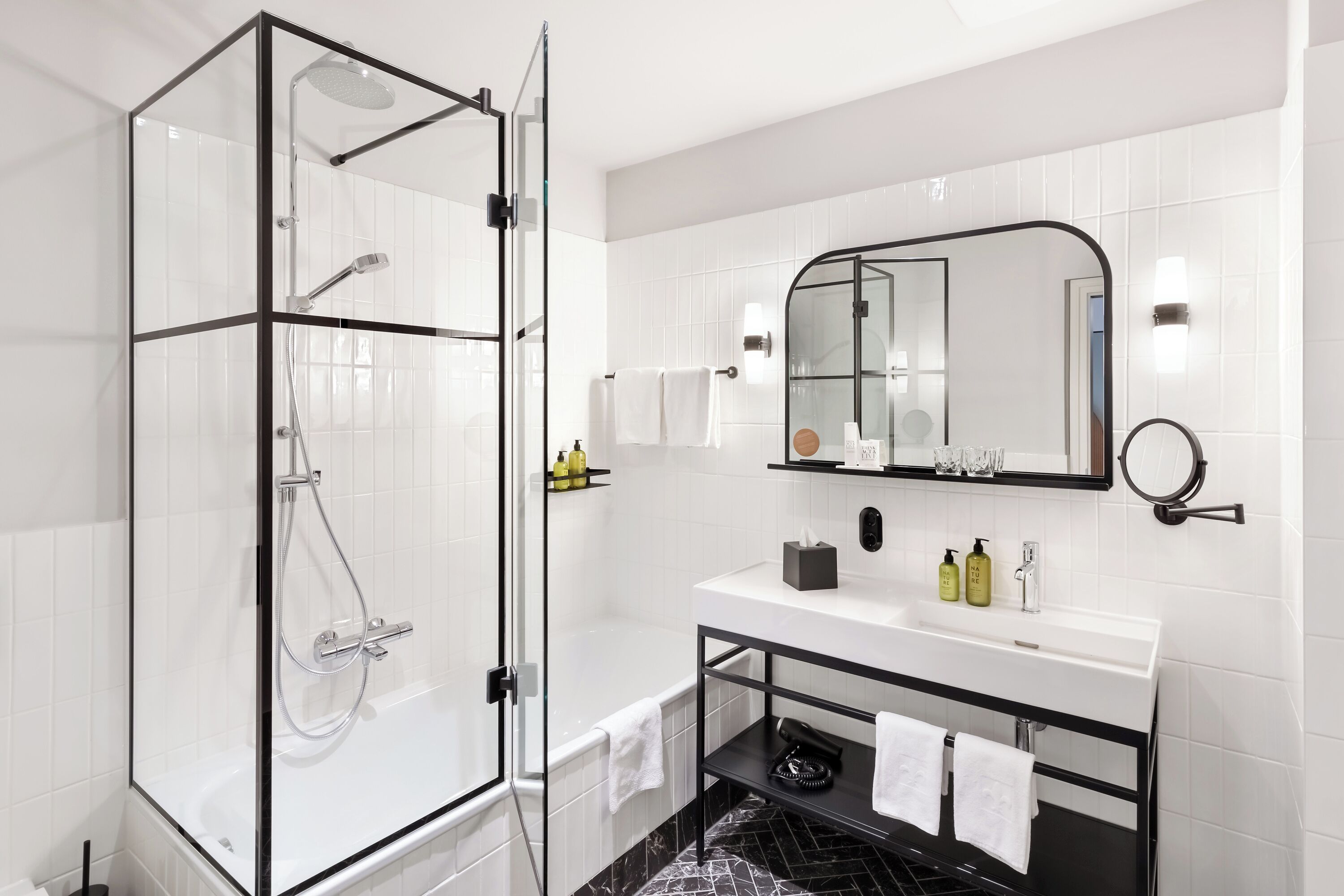 hair dryer, towels, soap, shampoo