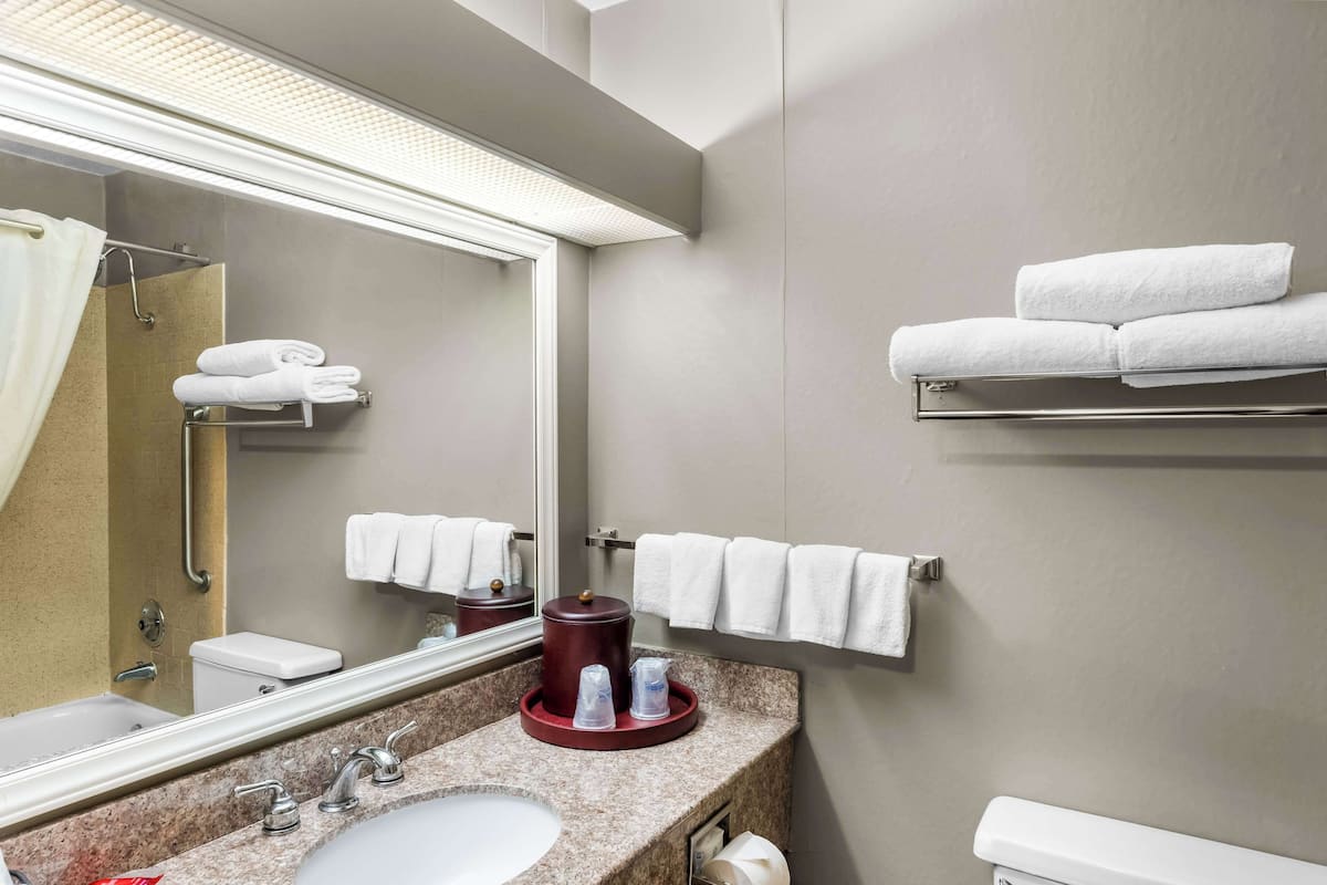 Duschwanne, kostenlose Toilettenartikel, Haartrockner, Handtücher