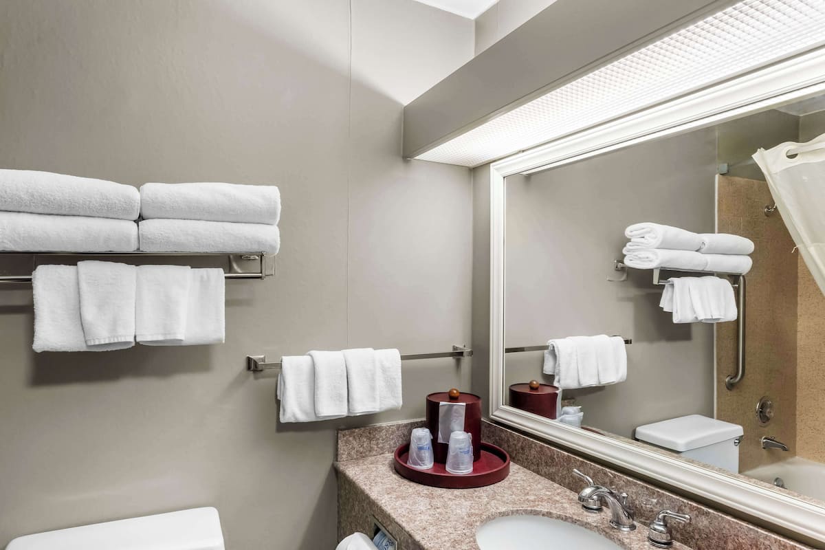 Duschwanne, kostenlose Toilettenartikel, Haartrockner, Handtücher