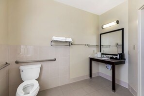 Ein Badezimmer mit Toilette, Waschbecken mit Spiegel und Handtuchhalter.