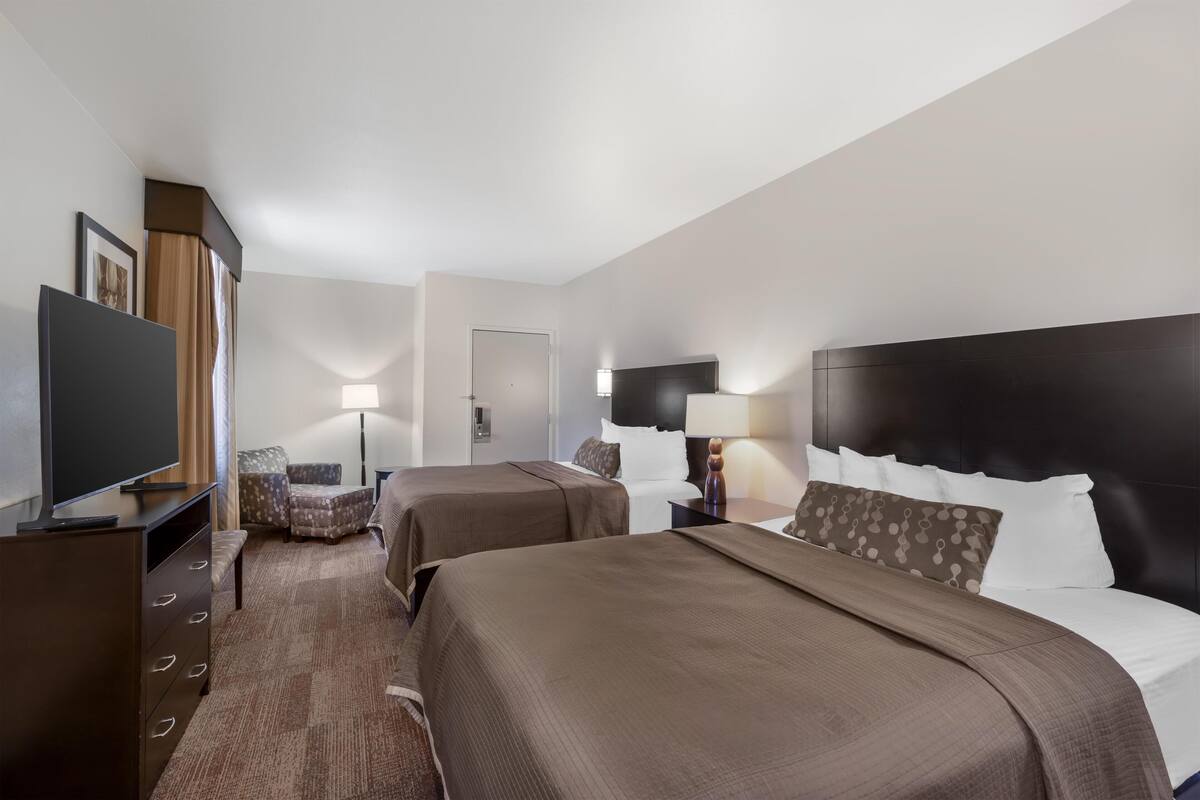 A hotel room with two beds, a TV, a desk, a chair, and a lamp.