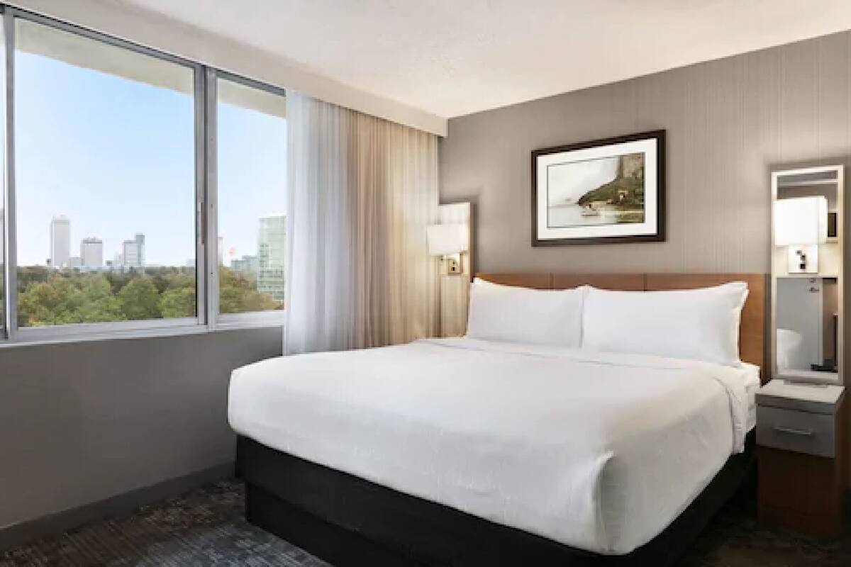 A hotel room with a large bed, a window with a city view, a framed picture on the wall, and a bedside table with a lamp.