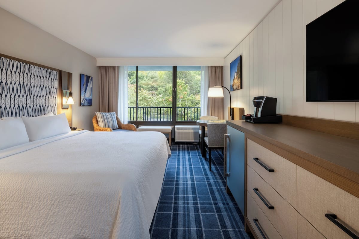 Een hotelkamer met een groot bed, een bureau met stoel, een flatscreen televisie en uitzicht op groen door grote ramen.