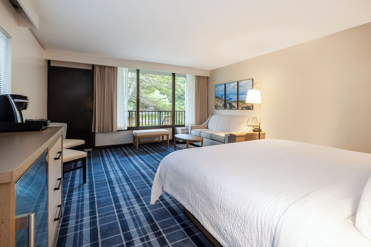 Een hotelkamer met een bed, een bureau, een stoel, een bank en een raam met gordijnen.