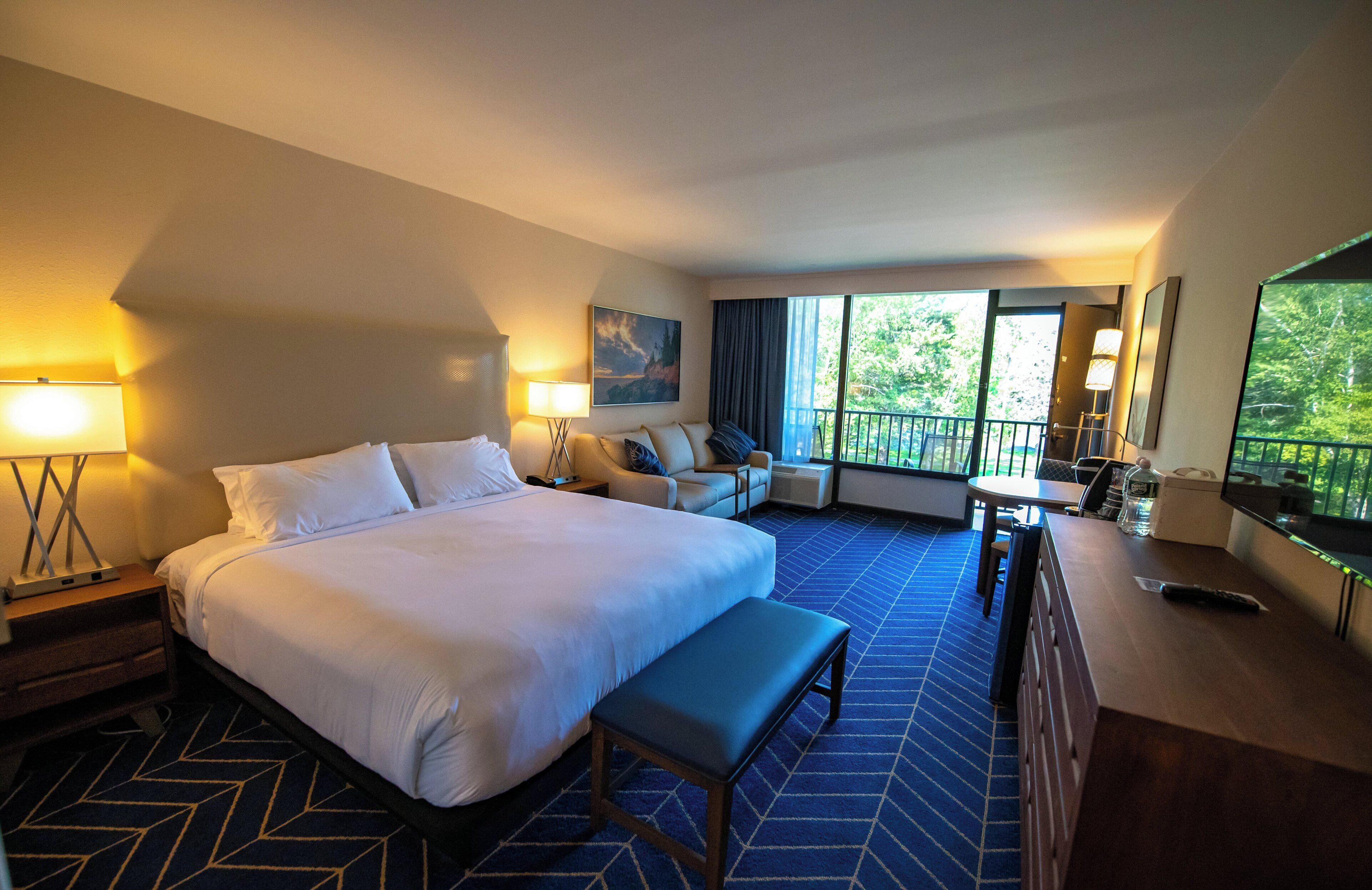 A hotel room with a large bed, a desk, a chair, a TV, and a balcony with a view of trees.
