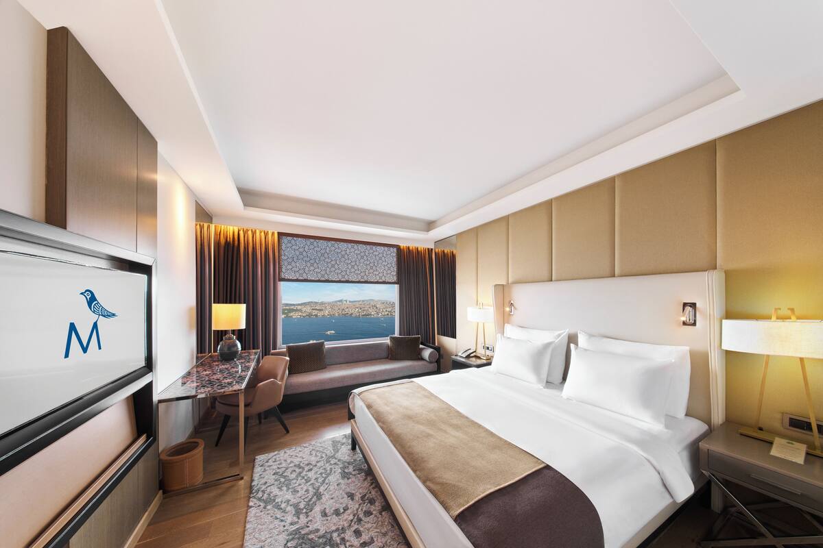 A hotel room with a bed, a desk with a chair, a TV, a window with a view, and a nightstand with a lamp.