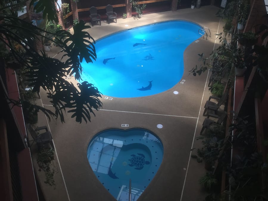 A pool area with two pools, one heart-shaped and one rectangular, surrounded by potted plants and chairs.