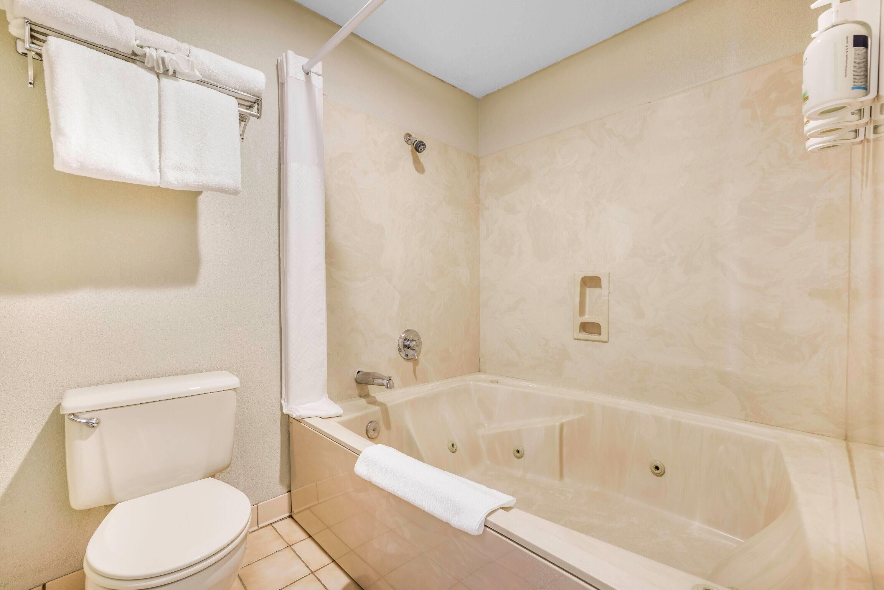 A bathroom with a toilet, a bathtub, and a shower curtain.
