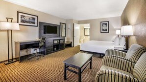 A hotel room with a bed, a desk, a chair, a television, and a carpeted floor.