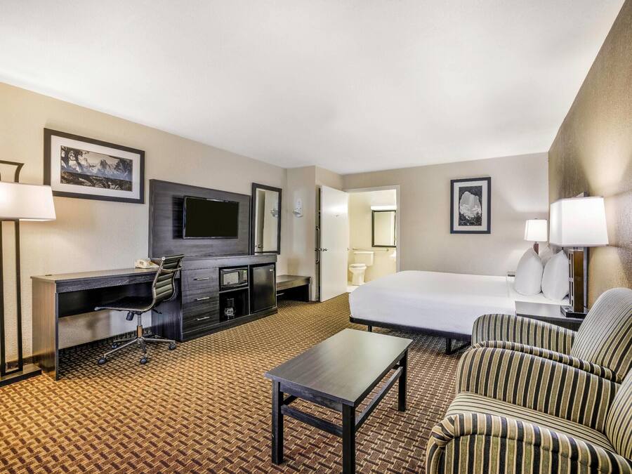 Une chambre d’hôtel équipée d’un lit, d’un bureau, d’une chaise, d’une télévision et d’un sol recouvert de moquette.