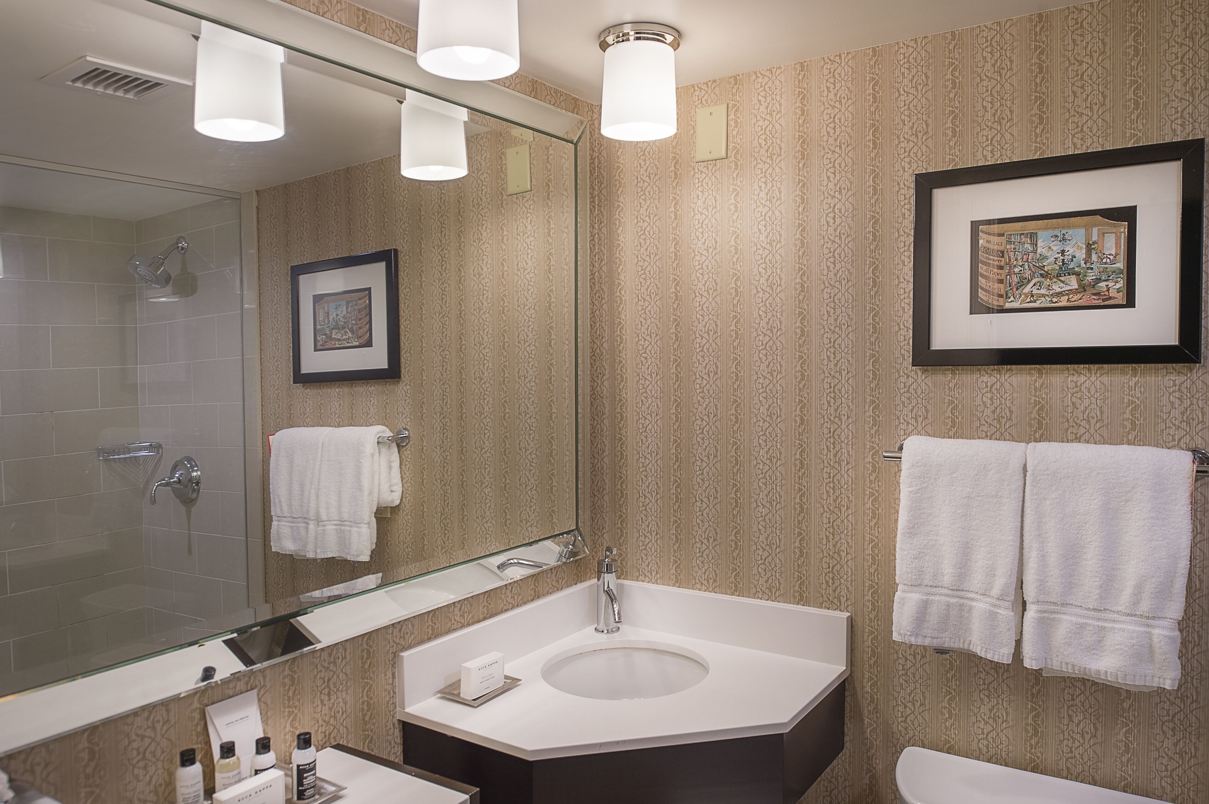 Une salle de bain moderne avec un grand miroir, une baignoire et un lavabo. Des serviettes sont accrochées au mur et un tableau encadré est placé au-dessus du lavabo.