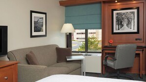 A hotel room with a bed, a sofa, a desk, a chair, a lamp, and two framed pictures on the wall.