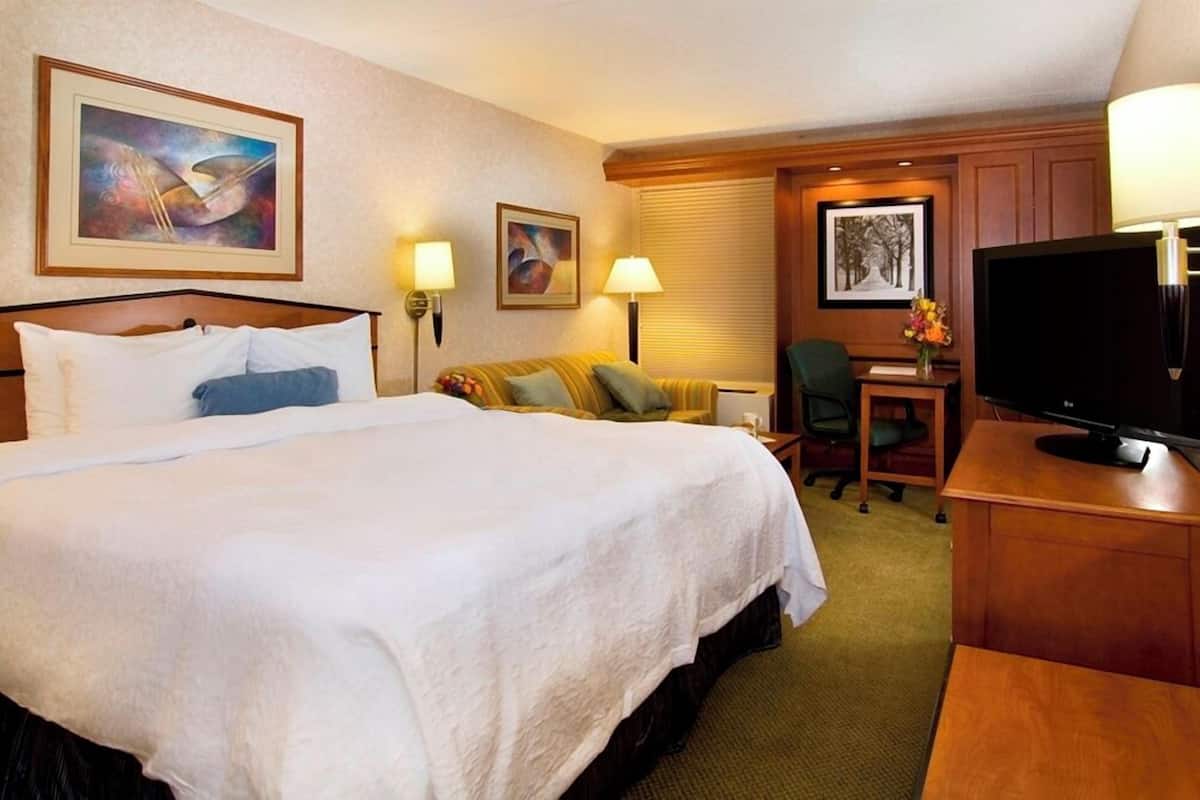 Premium bedding, desk, laptop workspace, blackout drapes