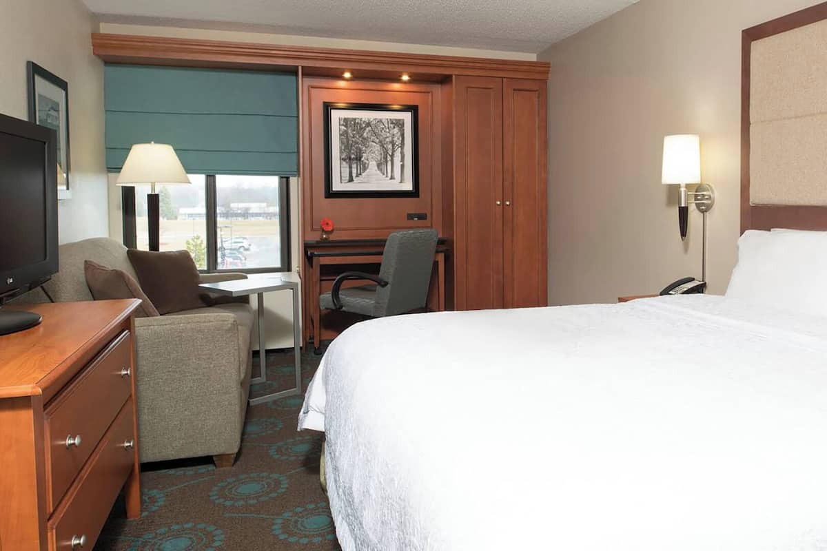 A hotel room with a bed, desk, chair, television, and a window with a view.