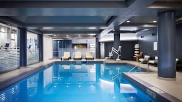 Indoor pool, open 7:00 AM to 8:00 PM, sun loungers