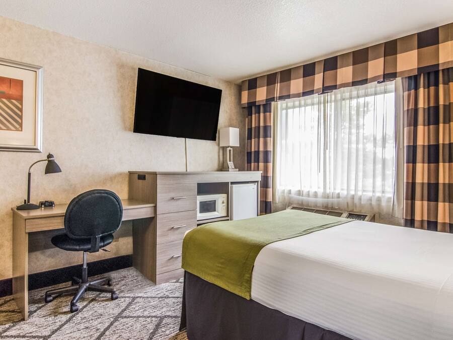 A hotel room with a bed, desk, chair, television, and a window with curtains.