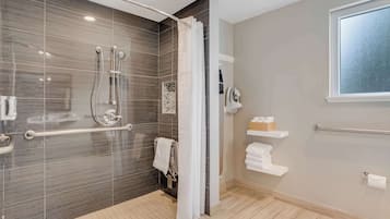 Standard Room, 1 Queen Bed, Accessible, Refrigerator & Microwave | Bathroom | Shower, free toiletries, hair dryer, towels