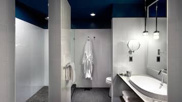 Shower, hydromassage showerhead, designer toiletries, hair dryer