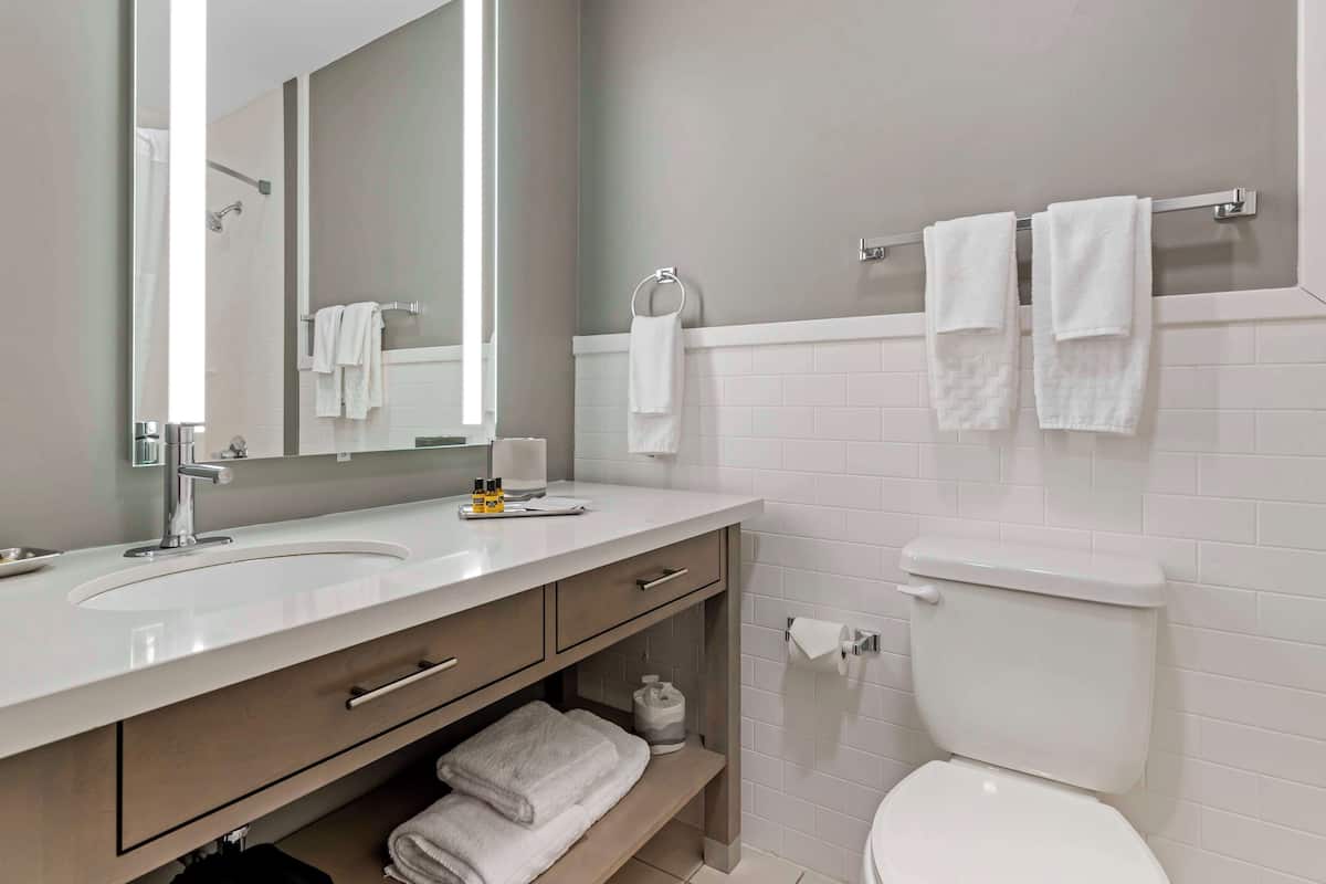 Combined shower/tub, free toiletries, hair dryer, towels
