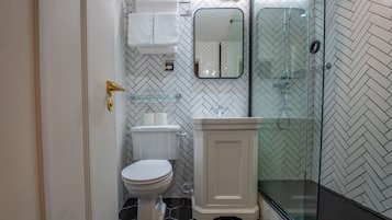 A bathroom with a toilet, a glass shower enclosure, and a mirror.