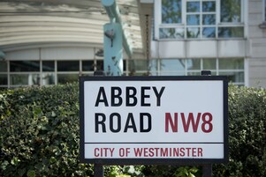 A street sign for Abbey Road NW8 in the City of Westminster.