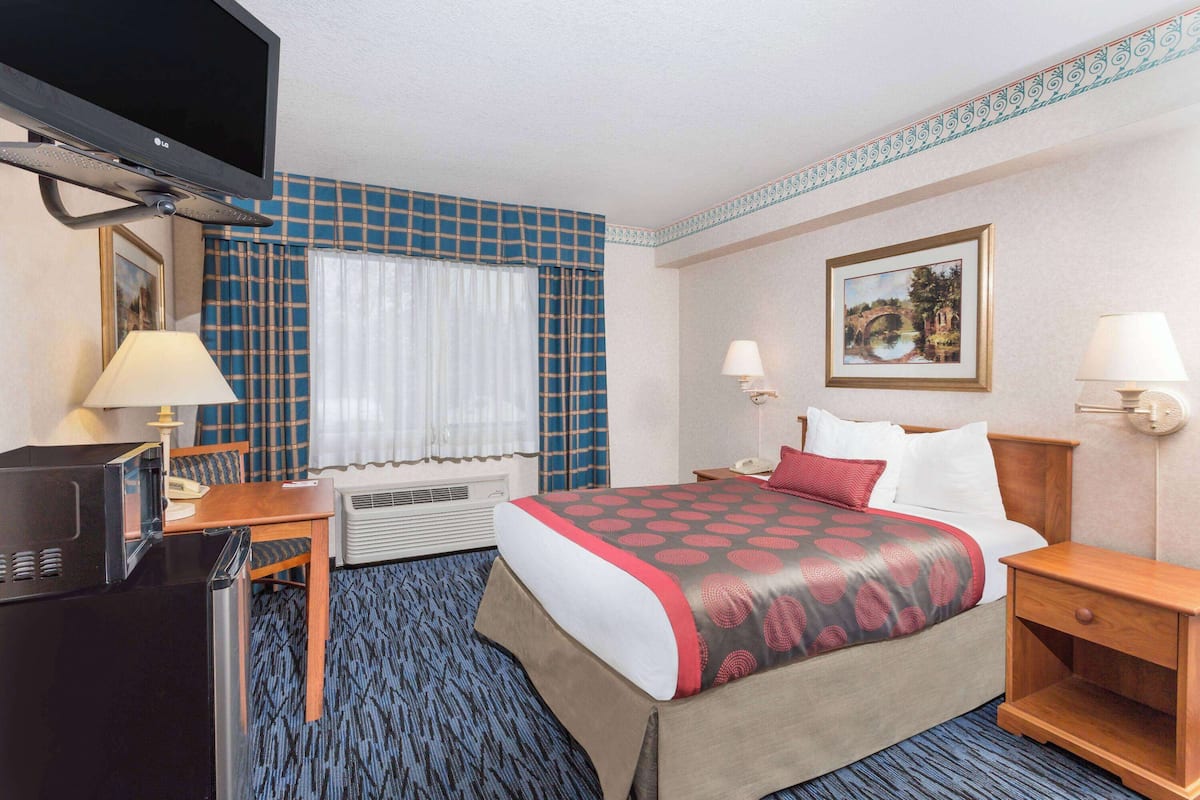 A hotel room with a bed, a desk with a TV, a chair, a lamp, a picture on the wall, and a window with curtains.