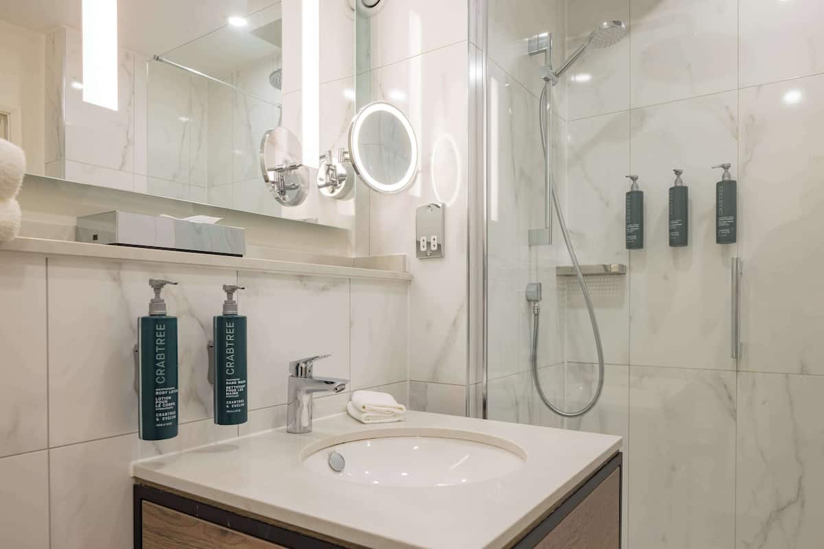combined shower/bathtub, free toiletries, hair dryer, towels