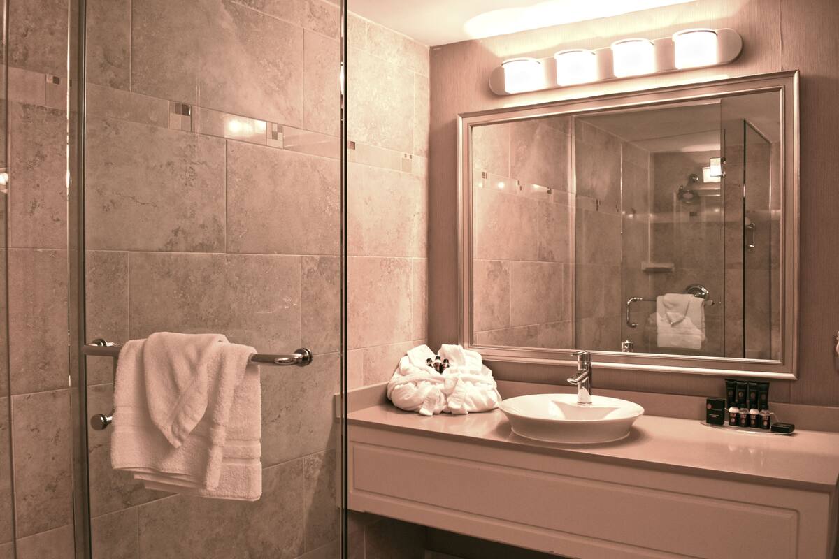 A modern bathroom with a glass shower enclosure, a white sink, and a large mirror.