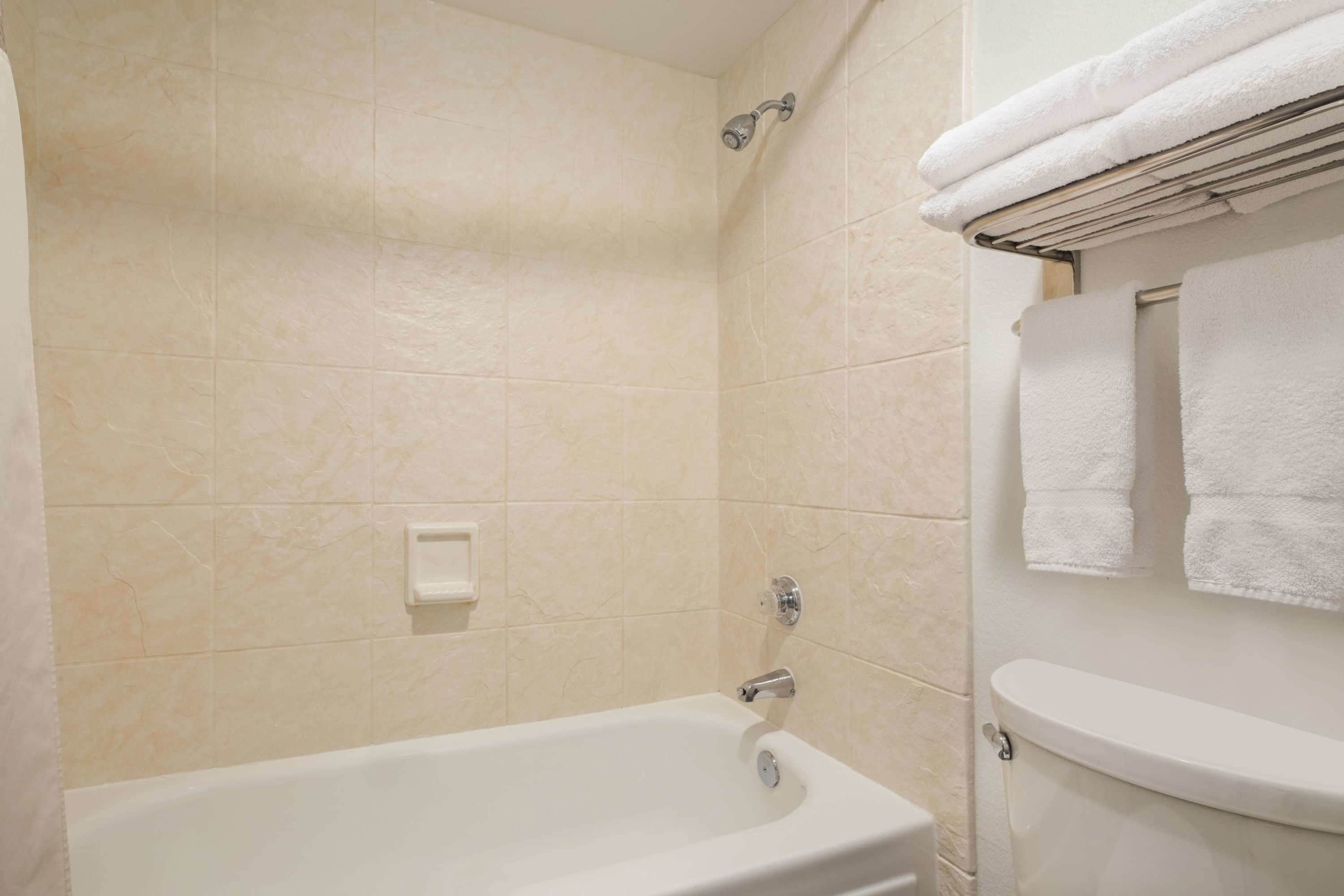 combined shower/bathtub, eco-friendly toiletries, hair dryer, towels